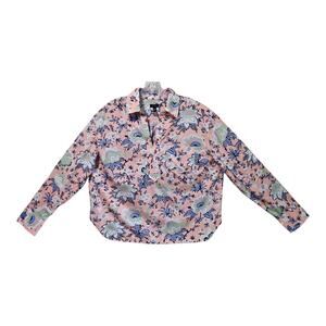 TALBOTS Women's M Blouse V-Neck Pink Blue Starlight Floral Relaxed Cotton 44"
